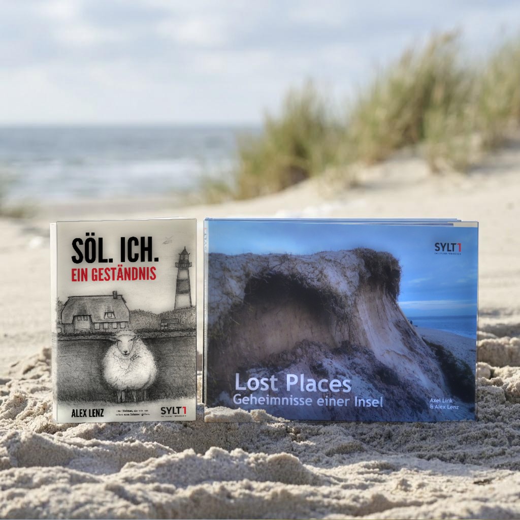 Die Sylt Bücher Söl. Ich. von Alex Lenz und Sylt Lost Places von Axel Link und Alex Lenz im Sand vor Düne und Nordsee