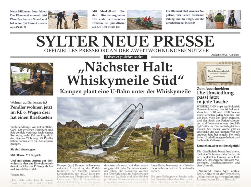Obere Hälfte der Titelseite der Sylter Neuen Presse Ausgabe 10/26 mit dem Aufmacher Nächster Halt: Whiskymeile Süd