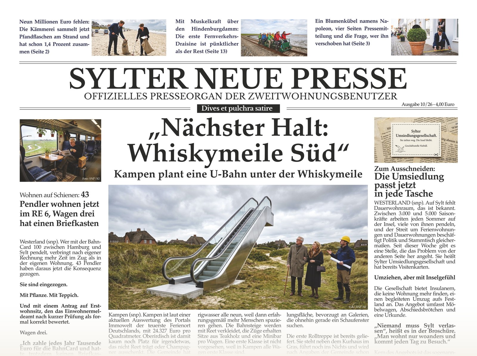 Obere Hälfte der Titelseite der Sylter Neuen Presse Ausgabe 10/26 mit dem Aufmacher Nächster Halt: Whiskymeile Süd